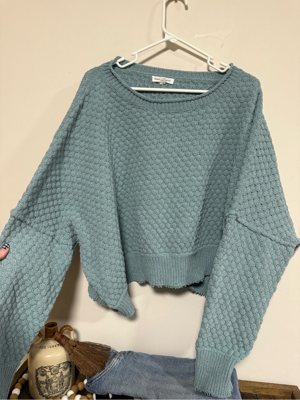 Newbury Kustom Dusty Teal Bubble Knit Cropped Sweater